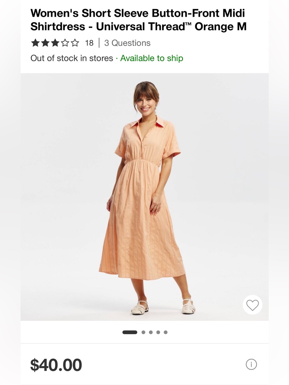 Universal Thread Peach-Orange Short-Sleeve Button-Front Midi Shirtdress